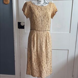 Vintage VICTORIAN Lace Handmade Tan Fitted Midi Short Sleeve Dress Zipper Back